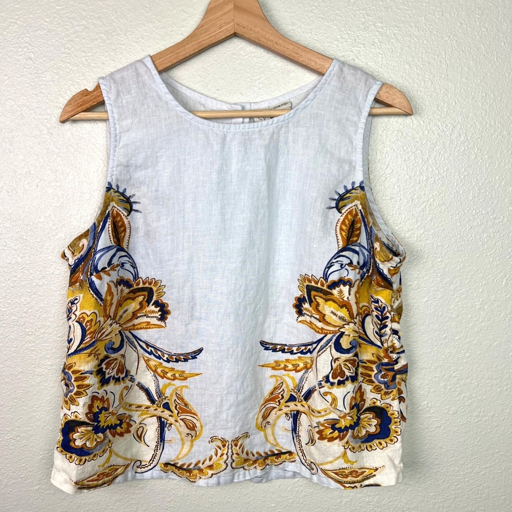 Joie Womens 100% Linen Sleeveless Button Back Floral Top Pale Blue Size Medium